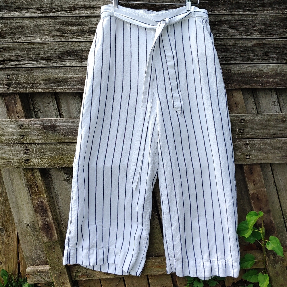Joie White Wide-Leg Linen Pants with Navy Pinstripes